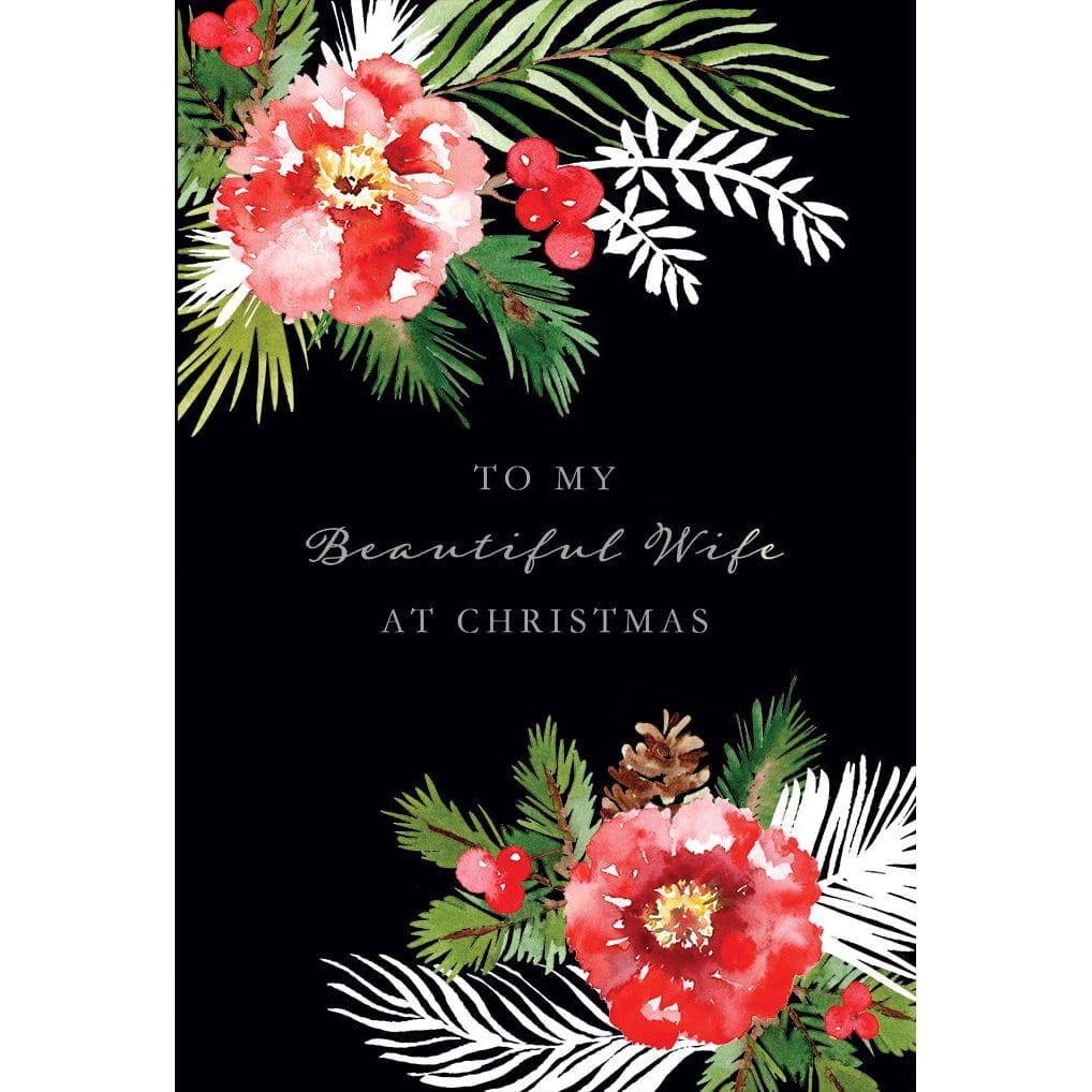 Pictura Christmas card featuring pine branches and colorful flowers, designed for wife, perfect for holiday greetings.